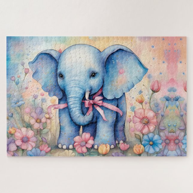 Puzzle Un bebé elefante adorable en un jardín pastel (Horizontal)