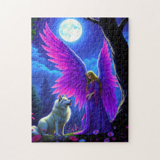 Puzzle Un bello ángel con grandes alas púrpuras y lobo