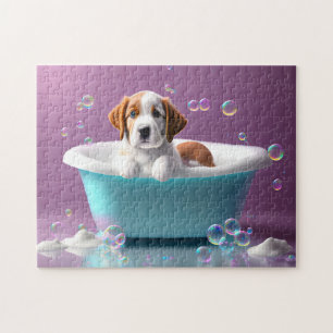 Puzzle Un cachorro lindo en una bañera con burbujas, niño