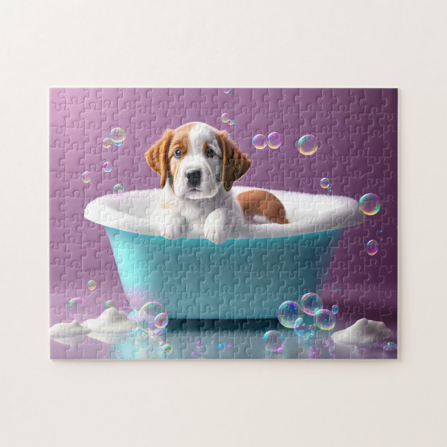 Puzzle Un cachorro lindo en una bañera con burbujas, niño (Horizontal)