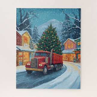 Puzzle Un camión rojo con un árbol de Navidad