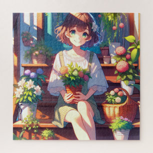 Puzzle Un Chica de anime lindo sostiene una planta