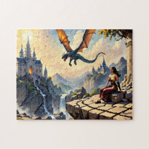 Puzzle Un Chica viendo a un Dragón pasar volando.