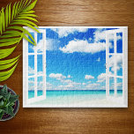 Puzzle Un día en la playa<br><div class="desc">Hermoso pincel acuático de agua azul cristalina e igualmente brillantes cielos azules a través de la ventana abierta en su blanca villa de vacaciones de playa tropical de arena blanca.</div>