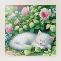 Un gatito blanco lindo tocando bajo Rosebush