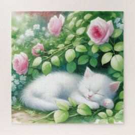 Puzzle Un gatito blanco lindo tocando bajo Rosebush