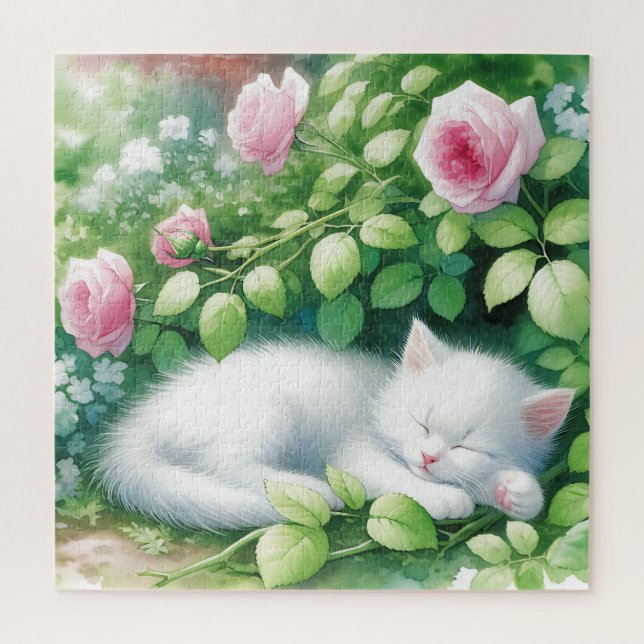 Puzzle Un gatito blanco lindo tocando bajo Rosebush (Vertical)