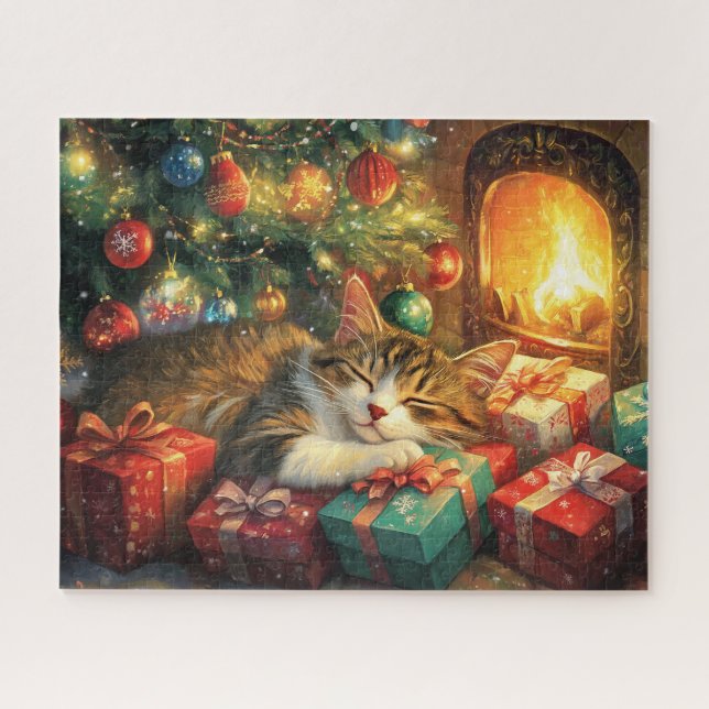 Puzzle Un gatito lindo durmiendo bajo un árbol de Navidad (Horizontal)