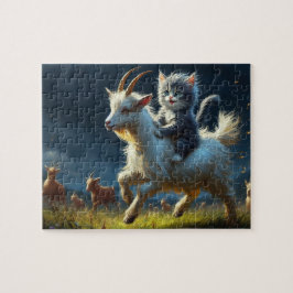Puzzle Un gato adorable montando una cabra