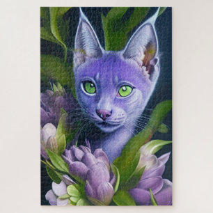 Puzzle Un gato azul lindo en flores moradas