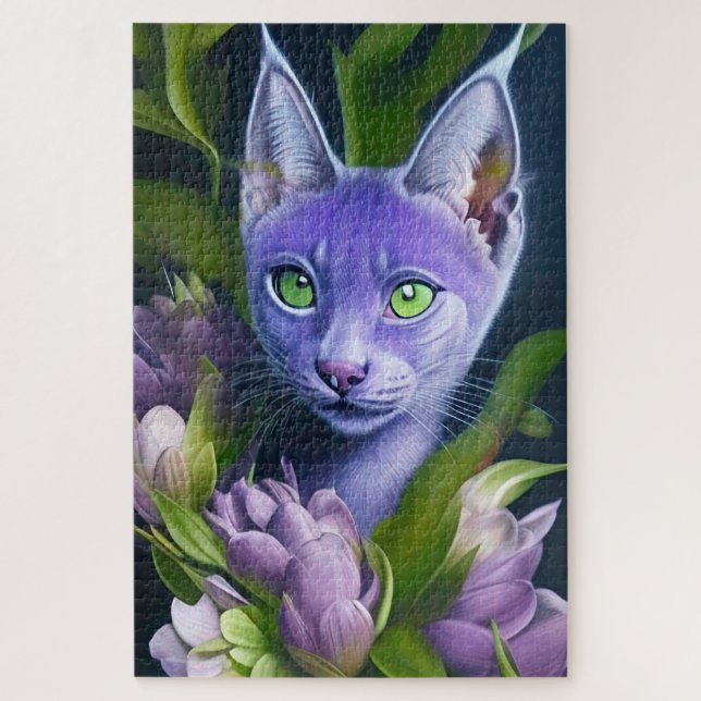 Puzzle Un gato azul lindo en flores moradas (Vertical)