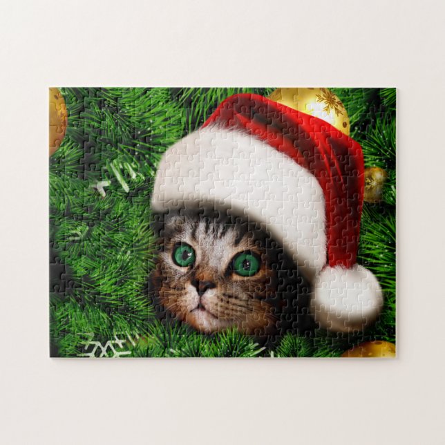 Puzzle Un gato lindo en el árbol de Navidad (Horizontal)