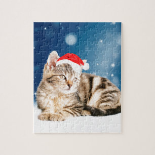 Puzzle Un gato lindo vestido con Navidades de sombrero ro