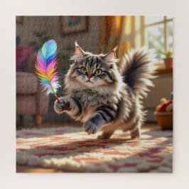 Puzzle Un gato suave y suave persiguiendo a una pluma