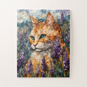 Puzzle Un hermoso gato jengibre en un campo de lavanda