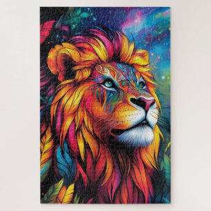 Puzzle Un león majestuoso con una melena de neón brillant