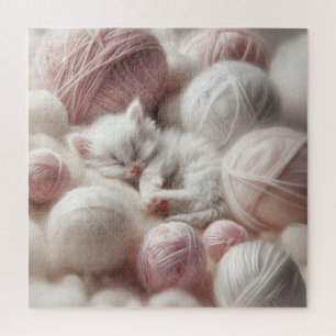 Puzzle Un lindo gatito blanco aplastando en yarn