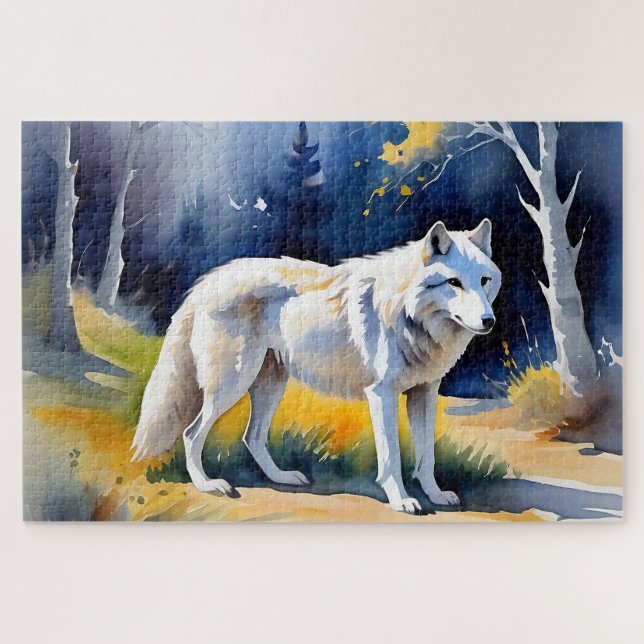Puzzle Un lobo en una pintura de la acuarela del bosque (Horizontal)