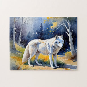 Puzzle Un lobo en una pintura de la acuarela del bosque