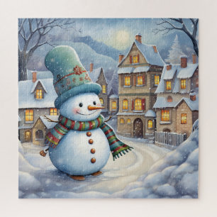 Puzzle Un muñeco de nieve en la aldea
