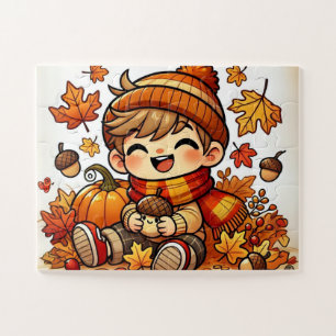 Puzzle Un niño sonriente sosteniendo una bellota el otoño