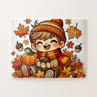 Puzzle Un niño sonriente sosteniendo una bellota el otoño