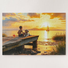 Puzzle Un niño y su perro en el lago al atardecer
