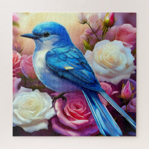 Puzzle Un pájaro mojado encaramado en un grupo de rosas f