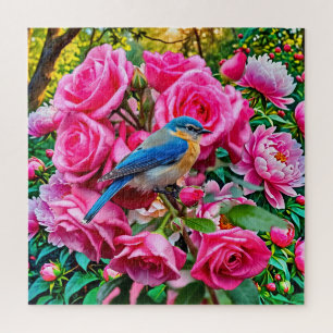 Puzzle Un pájaro volador sobre rosas