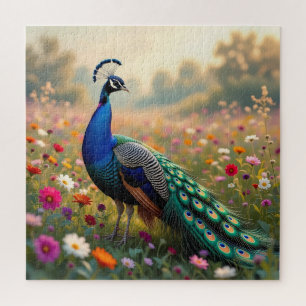 Puzzle Un pavo real colorido y flores