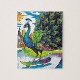 Puzzle Un pavo real para patinar en patineta