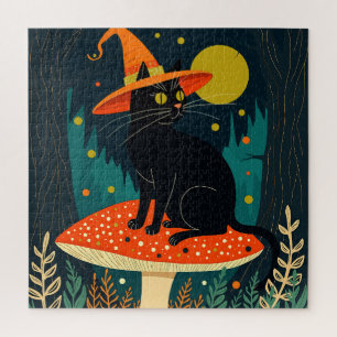 Puzzle  Un pequeño gato brujo negro sentado en un hongo 