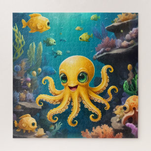 Puzzle Un pequeño pulpo amarillo sonriente bajo el mar