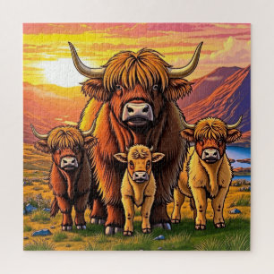 Puzzle Una adorable familia de vacas Highland.