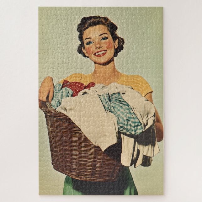 Puzzle Una ama de casa sonriente con una canasta de lavad (Vertical)