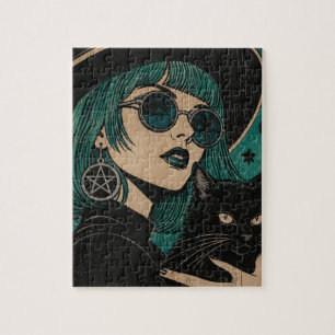 Puzzle Una bruja con su gato negro Grabado en madera
