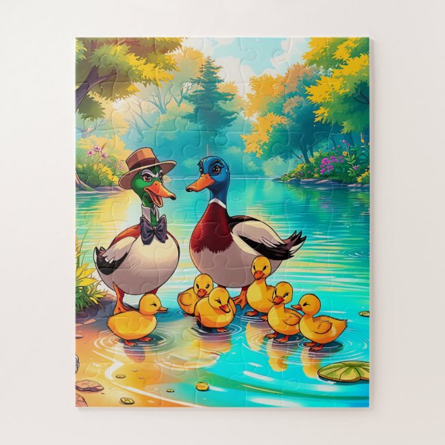 Puzzle Una familia de patos sacando a los niños (Vertical)