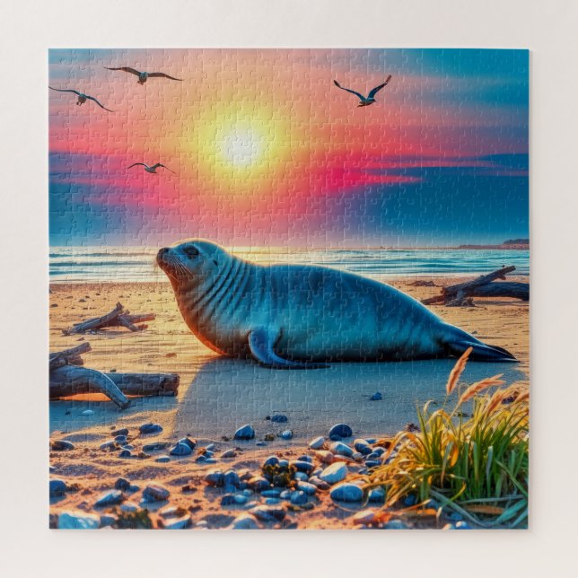 Puzzle Una foca en una playa de arena (Vertical)
