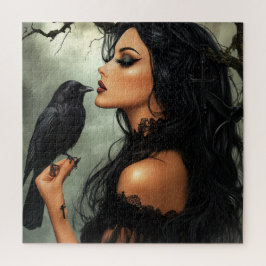 Puzzle Una hermosa mujer gótica con cuervo