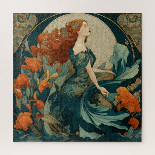 Puzzle Una hermosa sirena Art Nouveau con cabello rojo