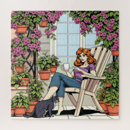 Puzzle Una mujer con café, gato y plantas