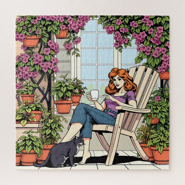 Puzzle Una mujer con café, gato y plantas (Vertical)