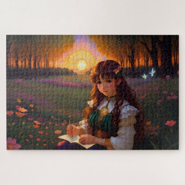 Puzzle Una mujer con un estilo de anime triste al sol en  (Horizontal)
