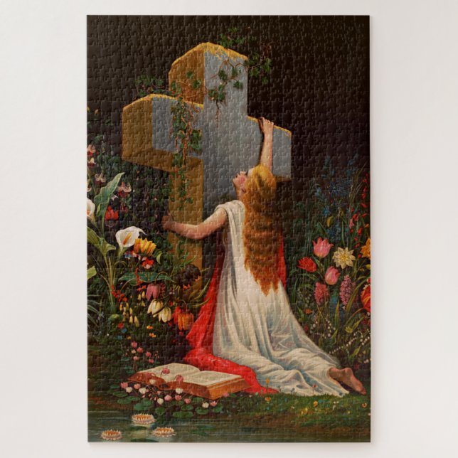 Puzzle Una mujer con una cruz está rezando (Vertical)