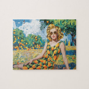 Puzzle Una mujer hermosa en una arboleda de naranjos