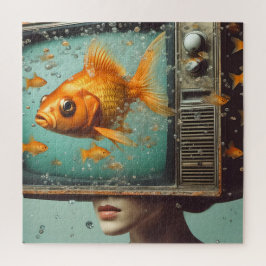 Puzzle Una mujer pez dorado cabeza de TV Retro todas las