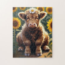 Una pequeña vaca en un campo de girasoles