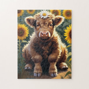 Puzzle Una pequeña vaca en un campo de girasoles
