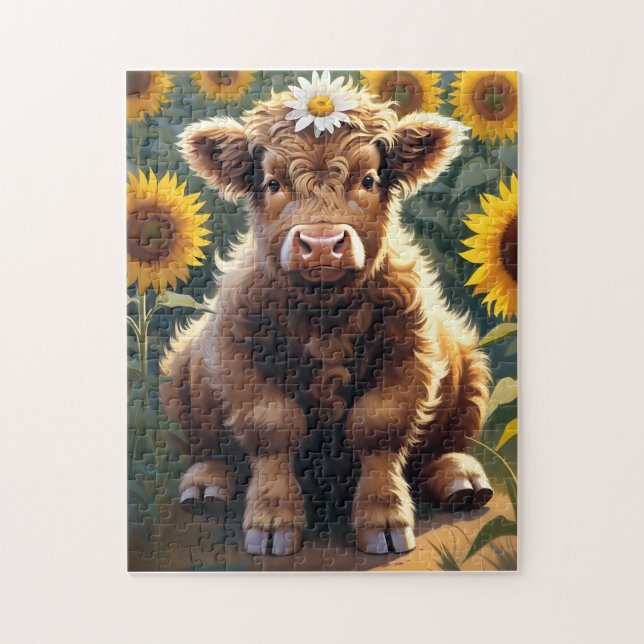 Puzzle Una pequeña vaca en un campo de girasoles (Vertical)