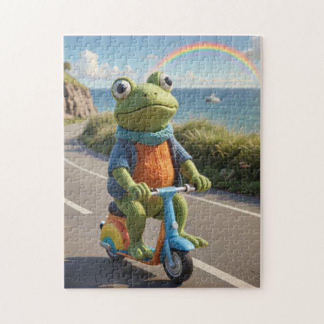 Puzzle Una rana tejida anda en scooter (Vertical)